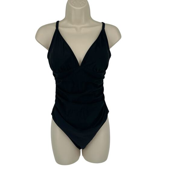 NEW Cupshe Black Shirring V Neck One Piece Swimsuit Small - Picture 1 of 7